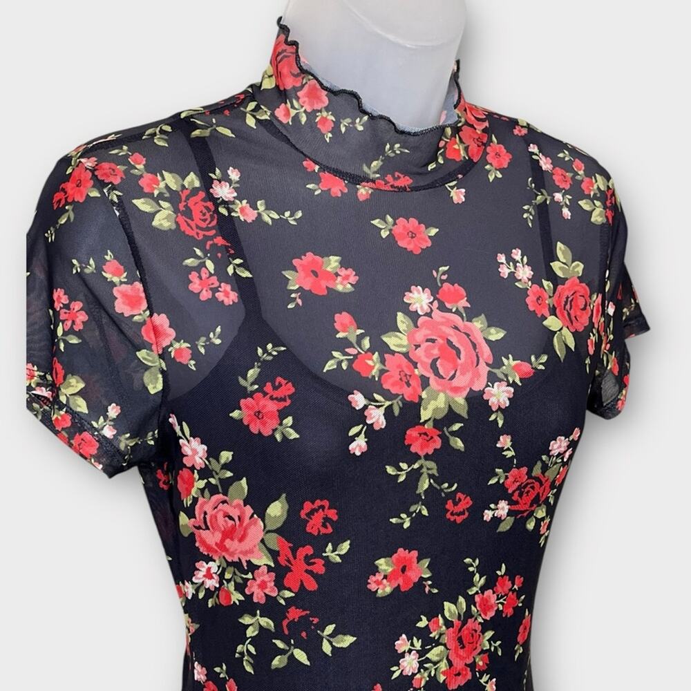 ARIZONA Y2K Black & Red Rose Print Mesh Mini Dress Size Small - Picture 3 of 6